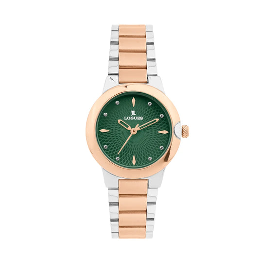 L 6240 BWM-10 Logues Quartz Analogue Green Dial Rose Two Tone Metal Strap Watch For Women