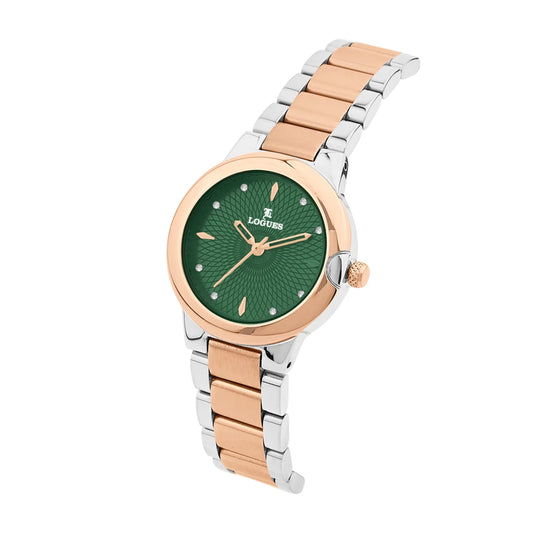 L 6240 BWM-10 Logues Quartz Analogue Green Dial Rose Two Tone Metal Strap Watch For Women