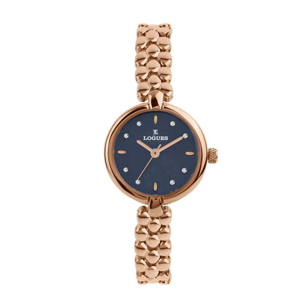 L 6243 WM-04 Logues Quartz Analogue Blue Dial Rose Metal Strap Watch For Women