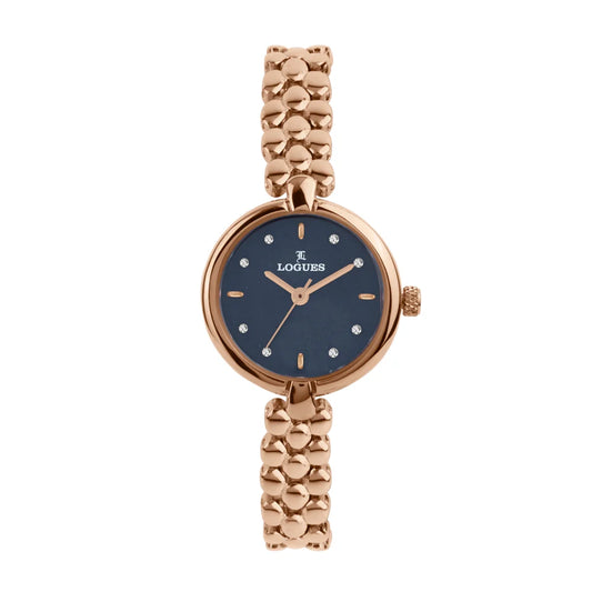 L 6243 WM-04 Logues Quartz Analogue Blue Dial Rose Metal Strap Watch For Women