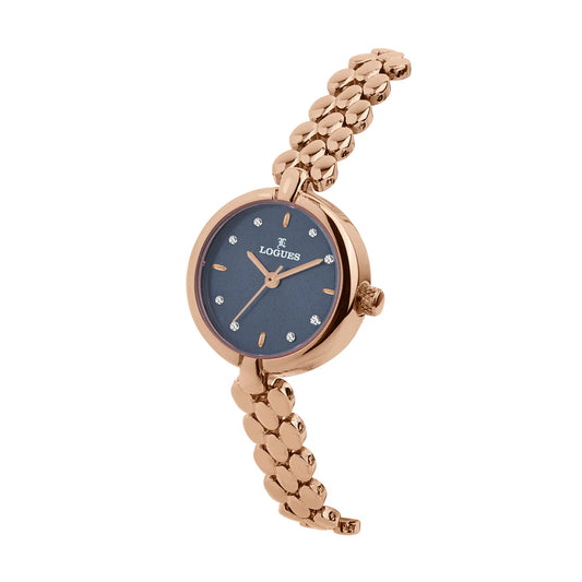 L 6243 WM-04 Logues Quartz Analogue Blue Dial Rose Metal Strap Watch For Women