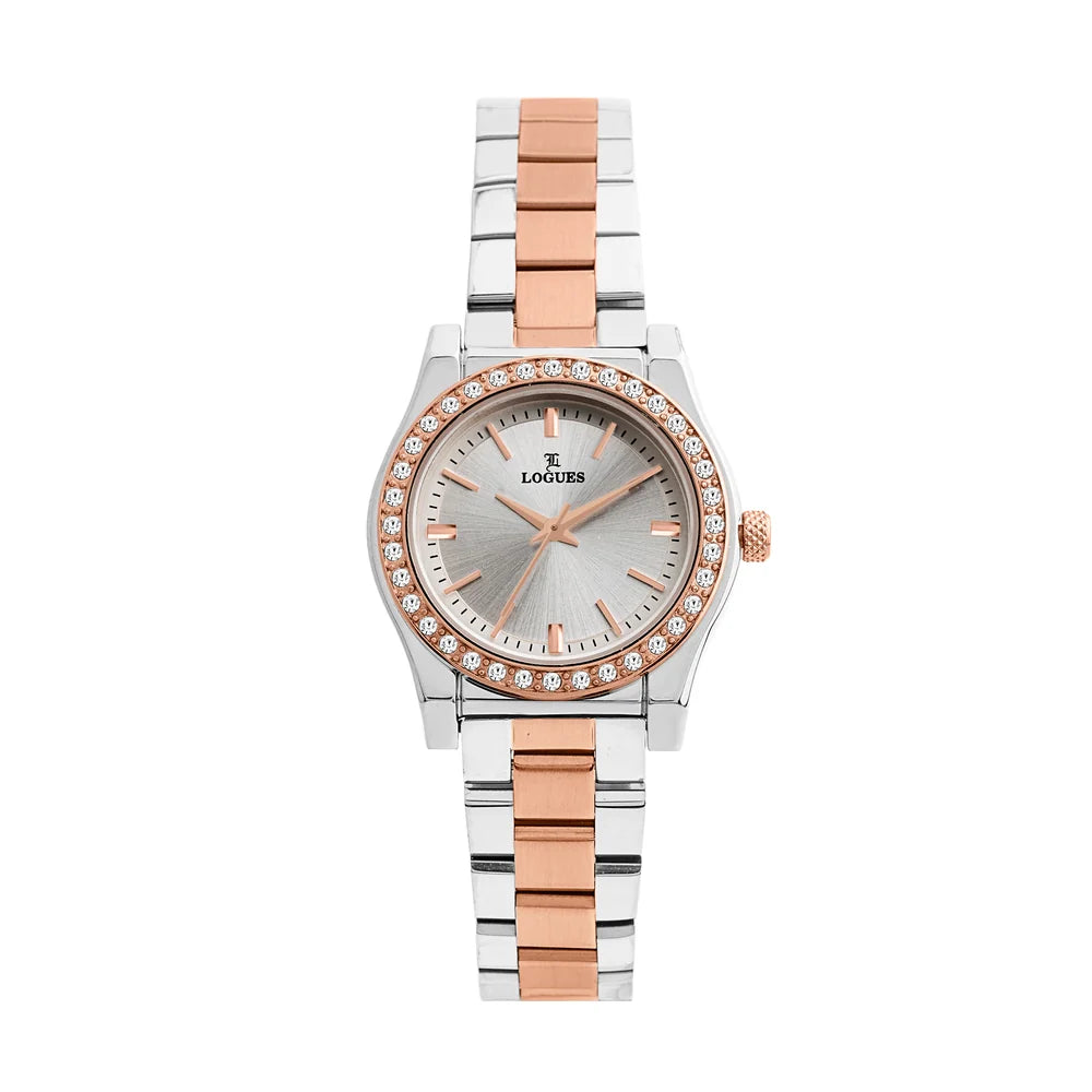 L 6249 BWM-02 Logues Quartz Analogue Silver Dial Rose Two Tone Metal Strap Watch For Women