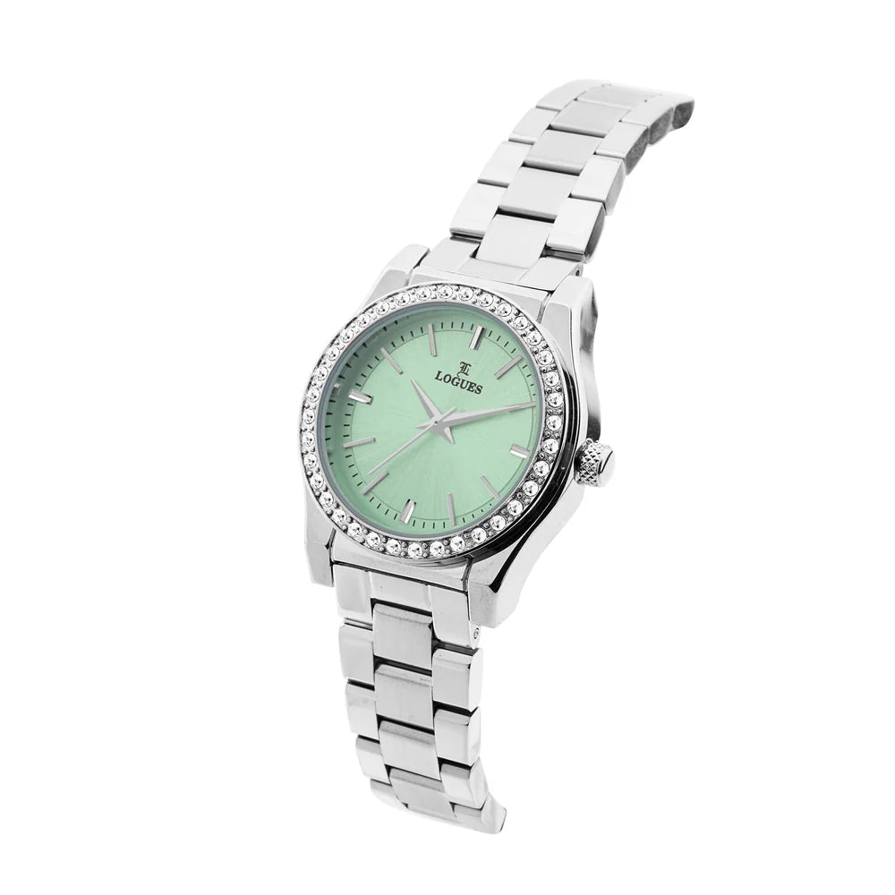 L 6249 SM-10 Logues Quartz Analogue Green Dial Steel Metal Strap Watch For Women