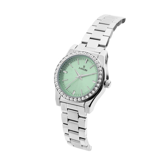 L 6249 SM-10 Logues Quartz Analogue Green Dial Steel Metal Strap Watch For Women